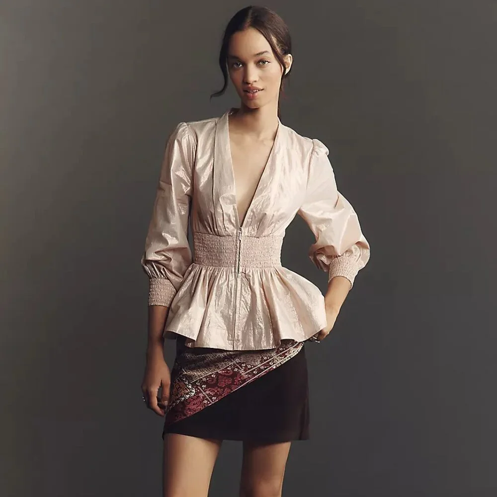 The Tommie Long-Sleeve Shine Smocked Front-Zip Blouse Maeve for Anthropologie - Picture 2 of 12